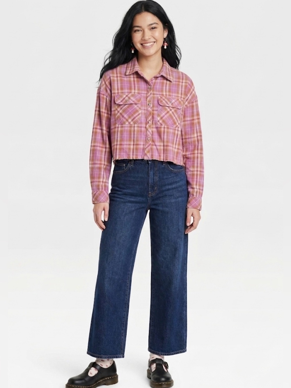 Wild Fable Crop Plaid Flannel Shirt Medium NWT Pink Brown Raw Hem Drop Shoulder